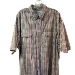 Men's Columbia Sportswear Button Up Brown Plaid Short Sleeve Shirt Size XL
